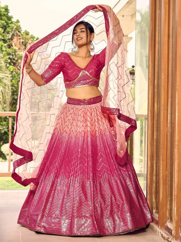 Marvelous Pink Sequins Chinon Wedding Lehenga Choli With Dupatta