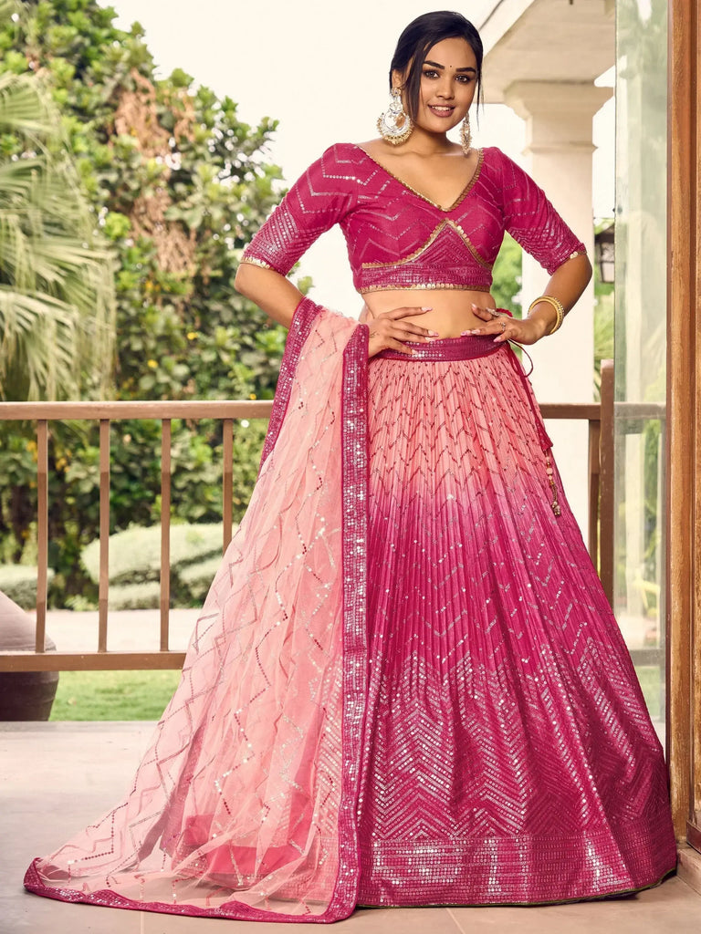 Marvelous Pink Sequins Chinon Wedding Lehenga Choli With Dupatta