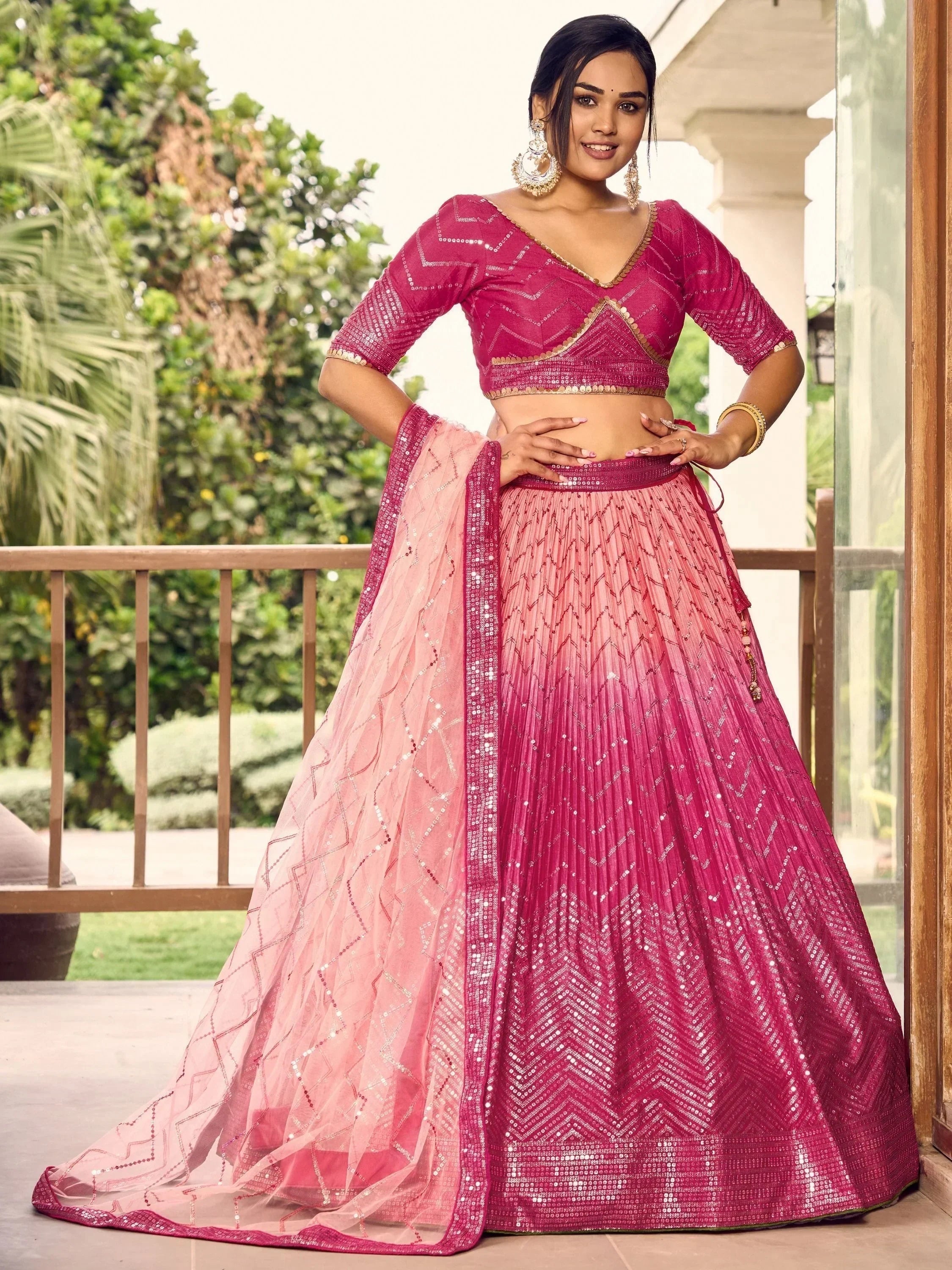 Pink sequin lehenga choli with geometric embroidery, perfect for Indian ethnic wear events