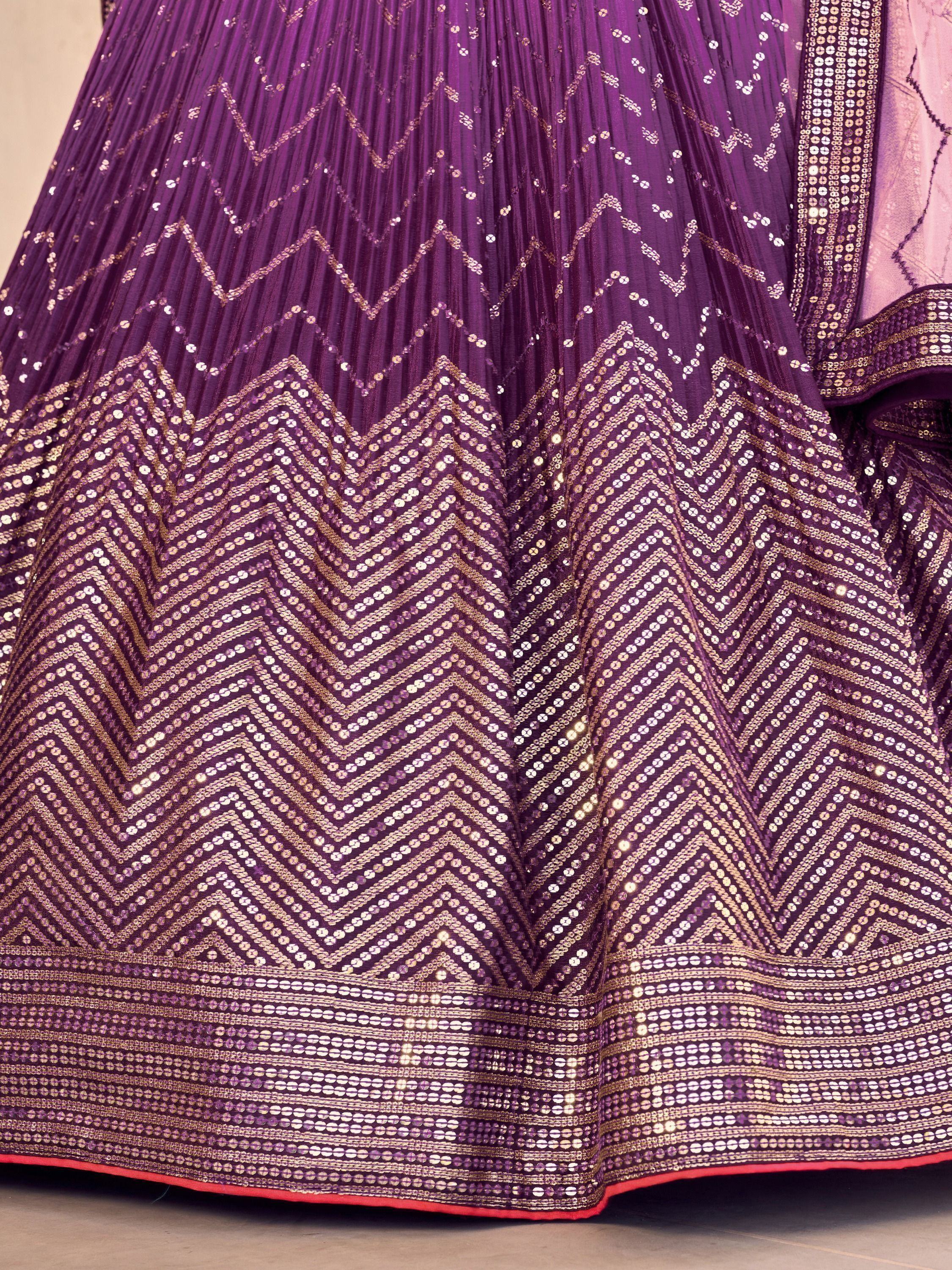Purple lehenga with gold sequin chevron patterns and pleated skirt, Indian ethnic wear