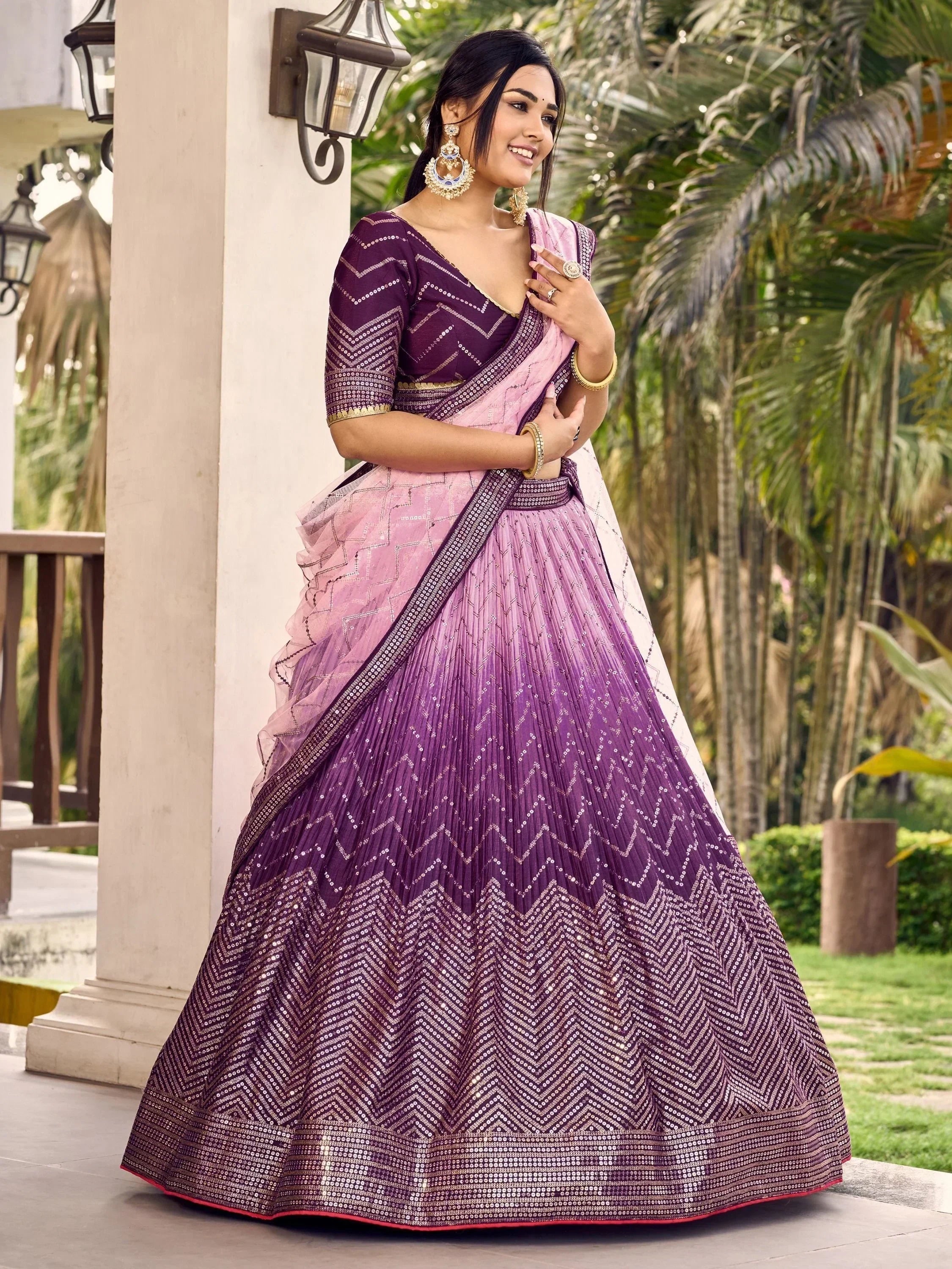 Purple and pink designer lehenga choli with sequin chevron patterns, perfect for Indian ethnic wear events
