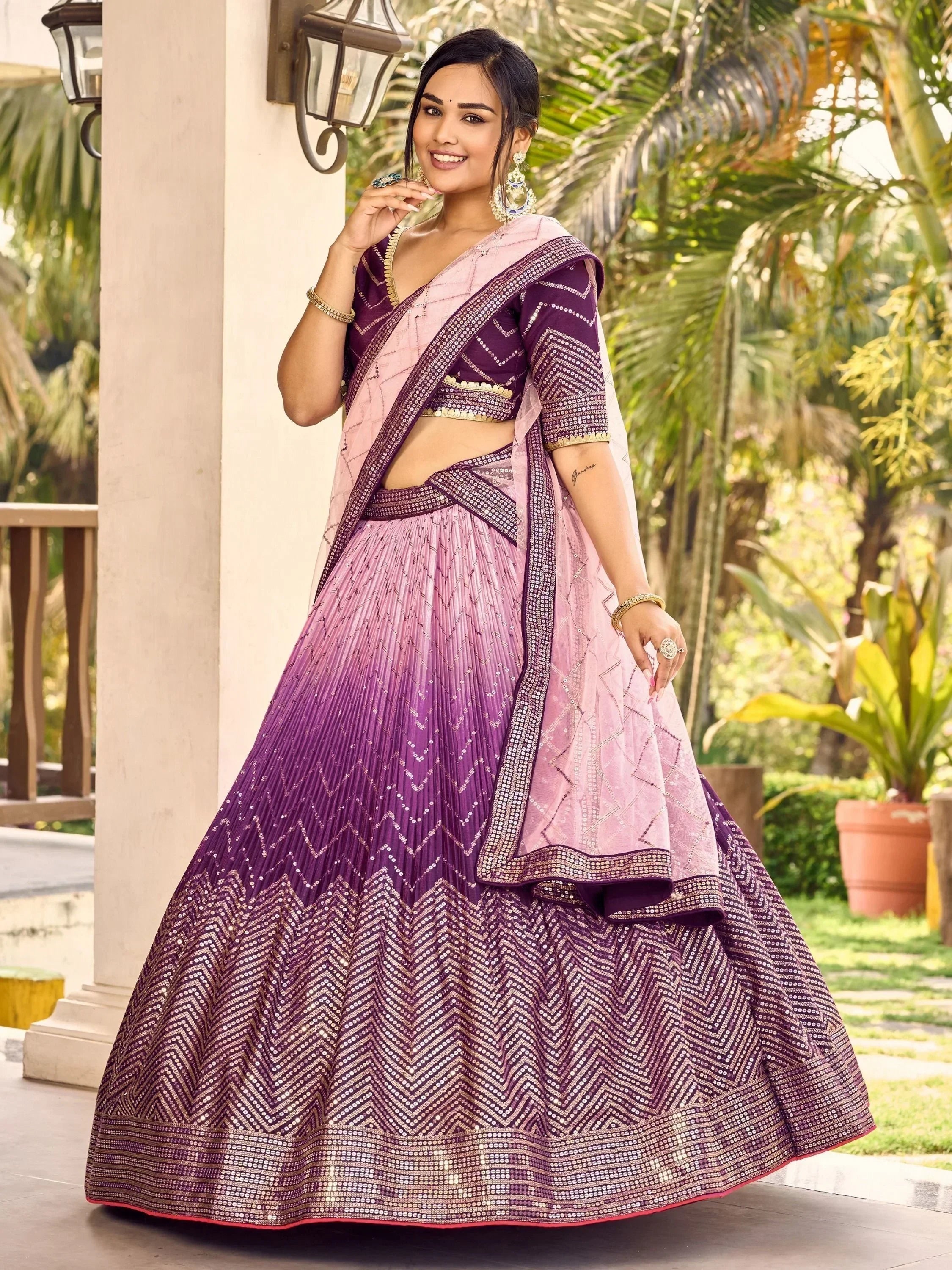 Purple and pink designer lehenga choli with sequin work, perfect for Indian ethnic occasions