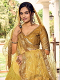 Outstanding Yellow Sequins Chinon Haldi Wear Lehenga Choli