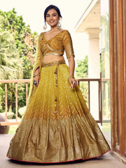 Outstanding Yellow Sequins Chinon Haldi Wear Lehenga Choli