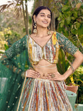 Great White & Green Shibori Printed Chinon Lehenga Choli With Dupatta