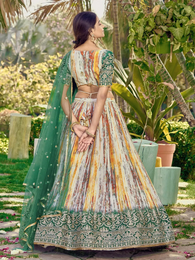 Great White & Green Shibori Printed Chinon Lehenga Choli With Dupatta