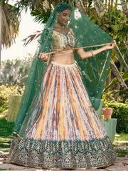 Great White & Green Shibori Printed Chinon Lehenga Choli With Dupatta