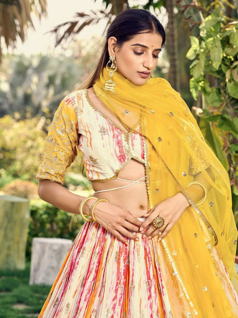 Unique White & Yellow Shibori Printed Chinon Haldi Wear Lehenga Choli