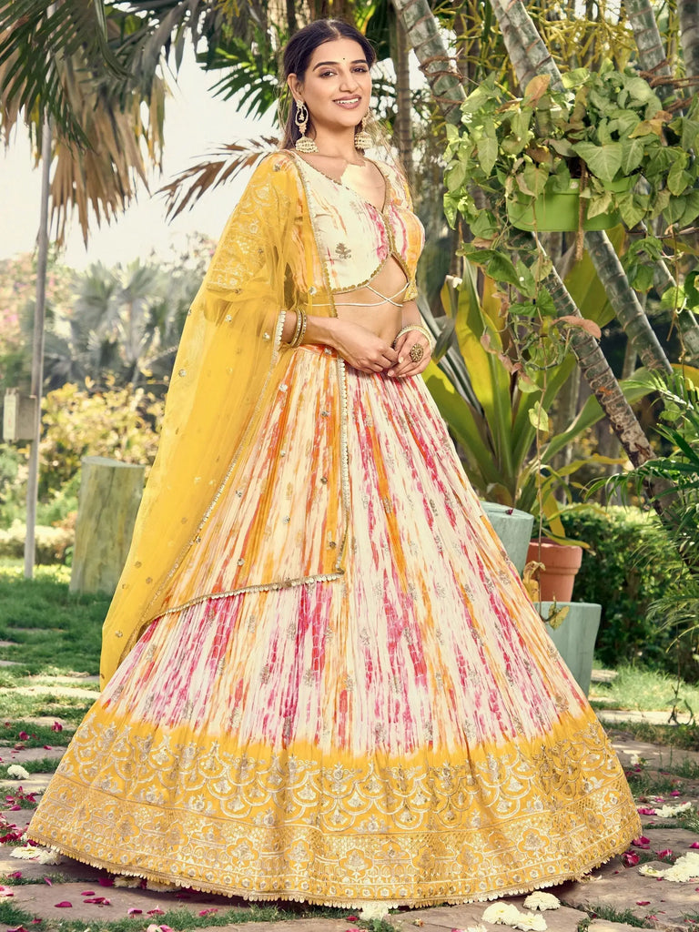 Unique White & Yellow Shibori Printed Chinon Haldi Wear Lehenga Choli
