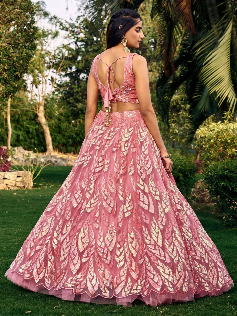 Beautiful Pink Sequins Net Bridesmaid Lehenga Choli With Dupatta