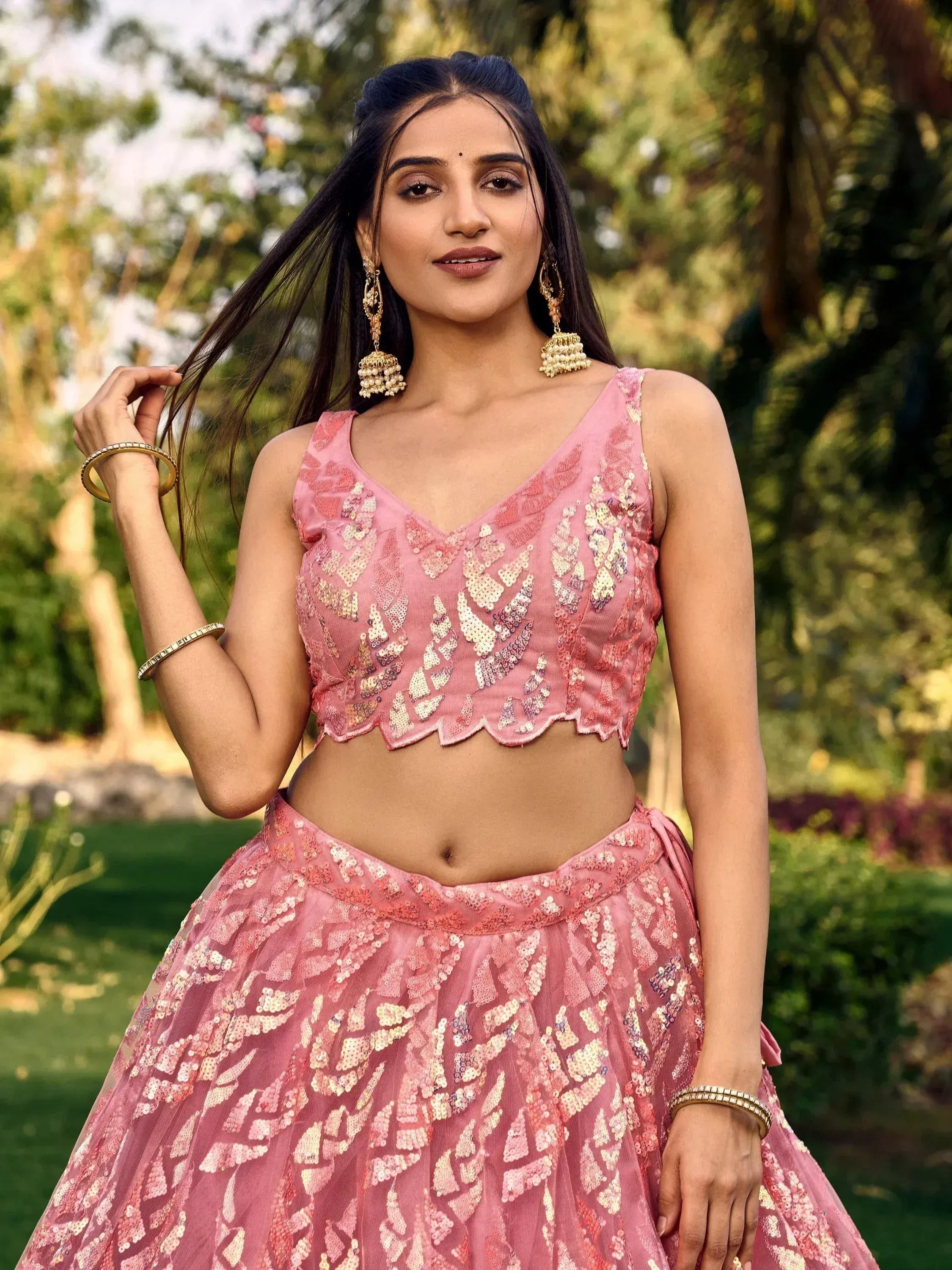 Pink sequin lehenga choli with scalloped crop top, perfect for Indian ethnic wear occasions