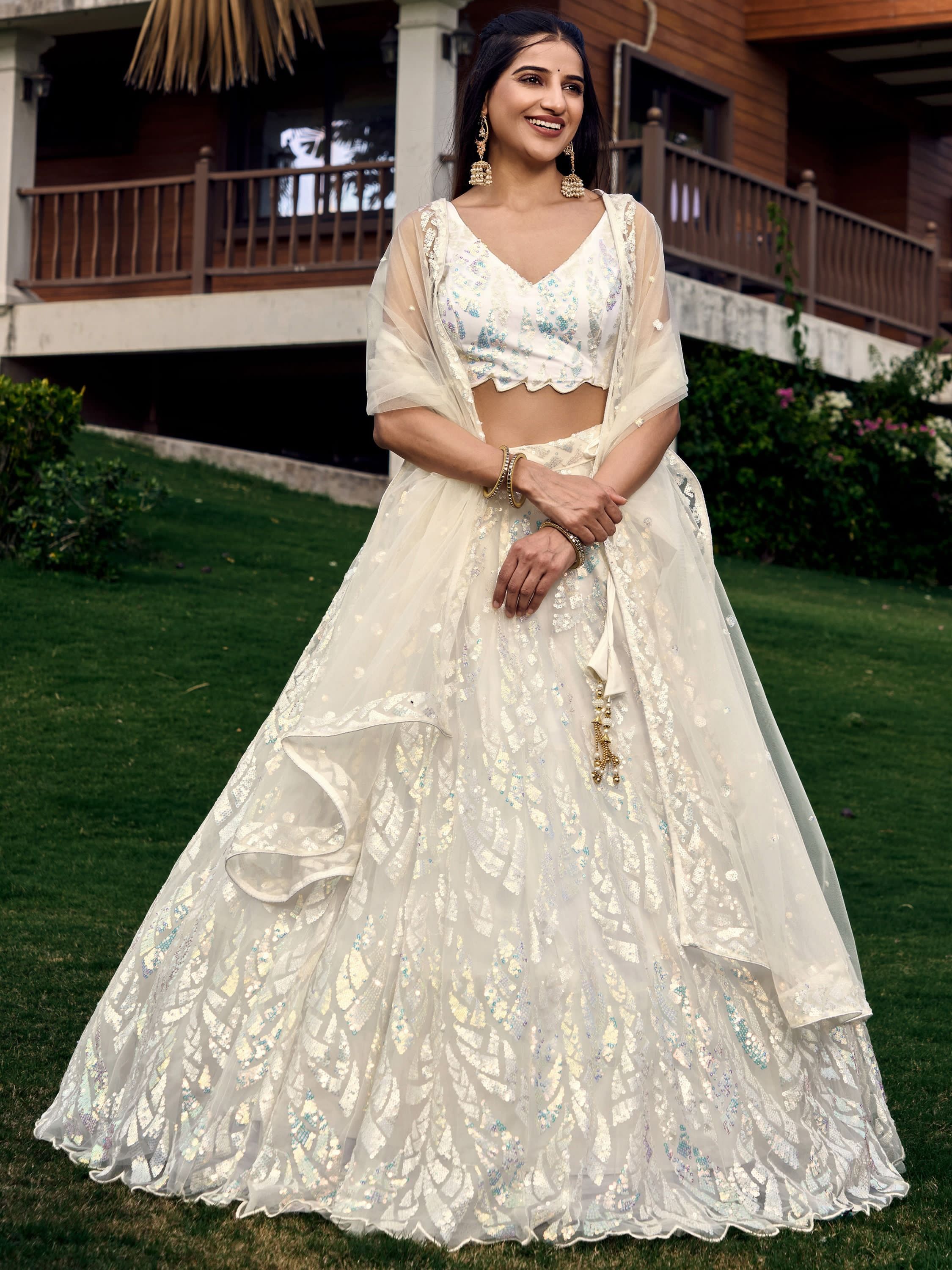 Astonishing Off-White Sequins Net Lehenga Choli With Dupatta
