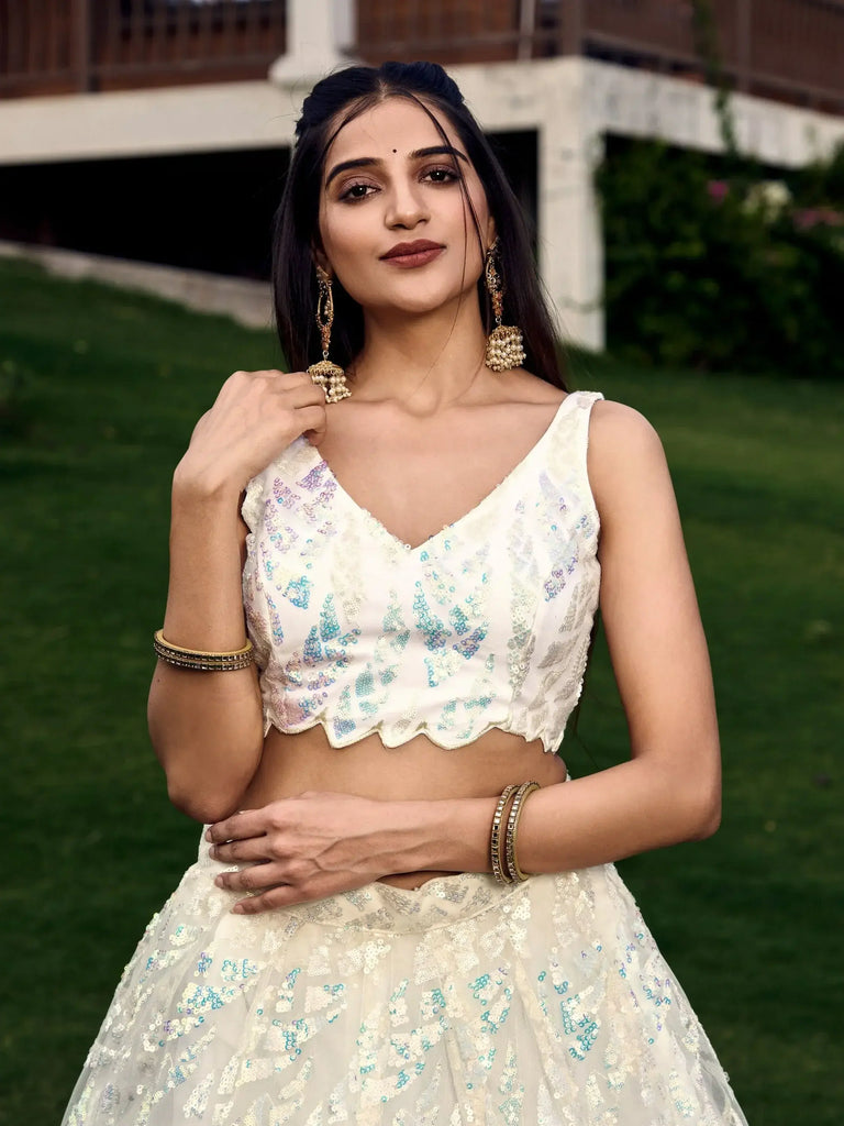 Astonishing Off-White Sequins Net Lehenga Choli With Dupatta
