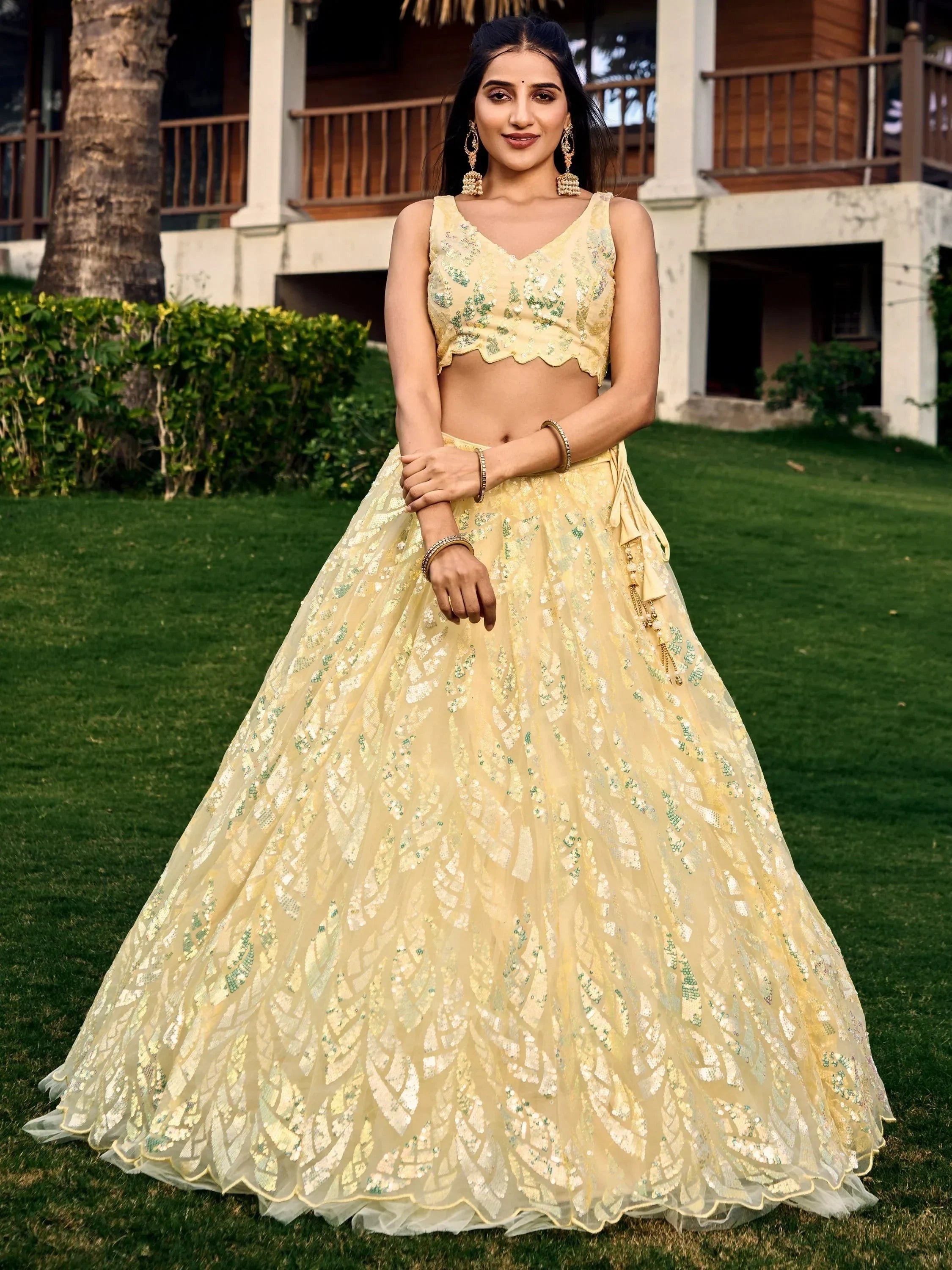 Yellow sequin lehenga choli with scalloped blouse, perfect for Indian ethnic occasions and weddings