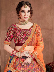 Navy Blue Embroidered Mulberry Silk Bridal Lehenga Choli With Dupatta