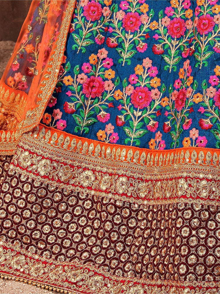 Navy Blue Embroidered Mulberry Silk Bridal Lehenga Choli With Dupatta