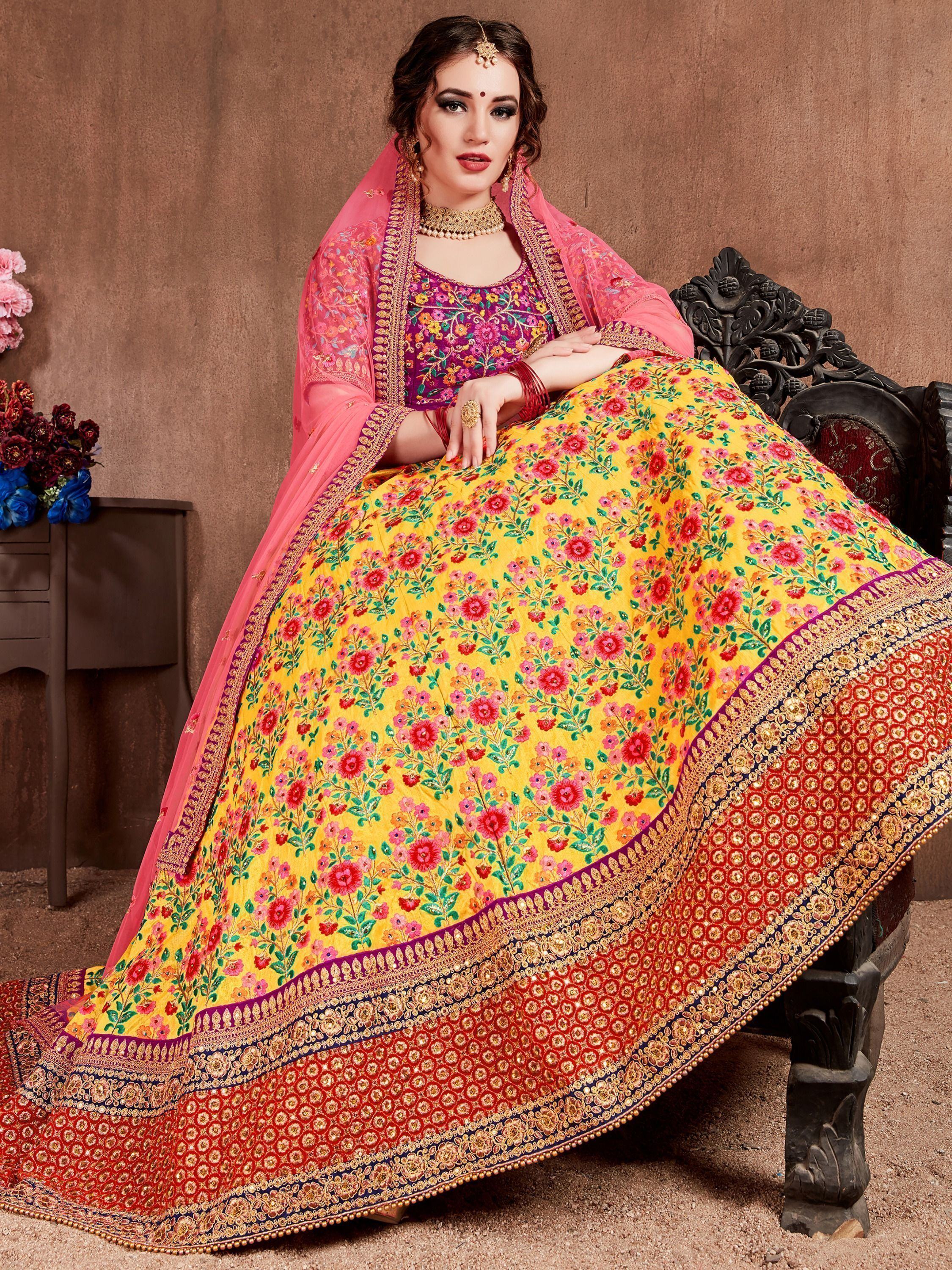 Yellow floral embroidered lehenga choli with pink dupatta, Indian ethnic wear for weddings and festivals