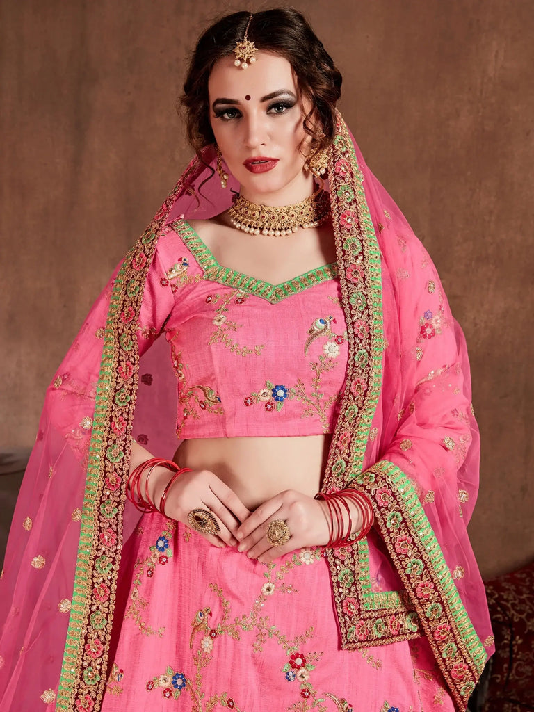 Pink Embellished Silk Bridal Wear Lehenga Choli