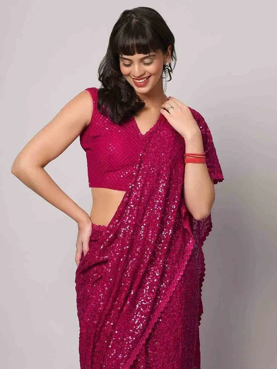 Sparkling magenta sequin saree with matching blouse, perfect for Indian ethnic occasions