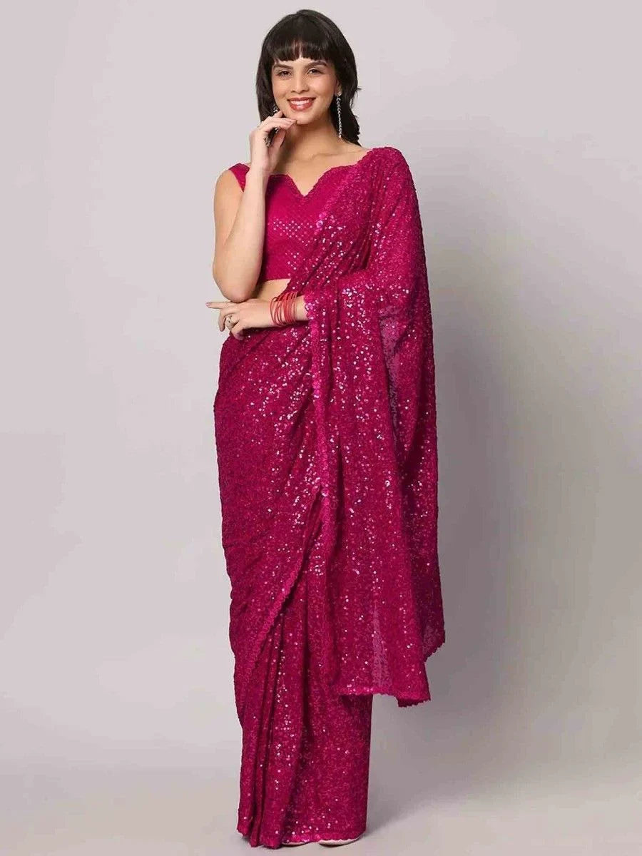 Gorgeous Pink Sequins Georgette Reception Wear Saree With Blouse
