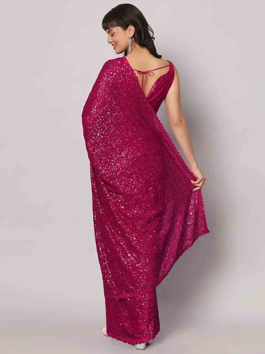 Sparkling magenta sequin saree with back tie blouse, elegant ethnic wear for women