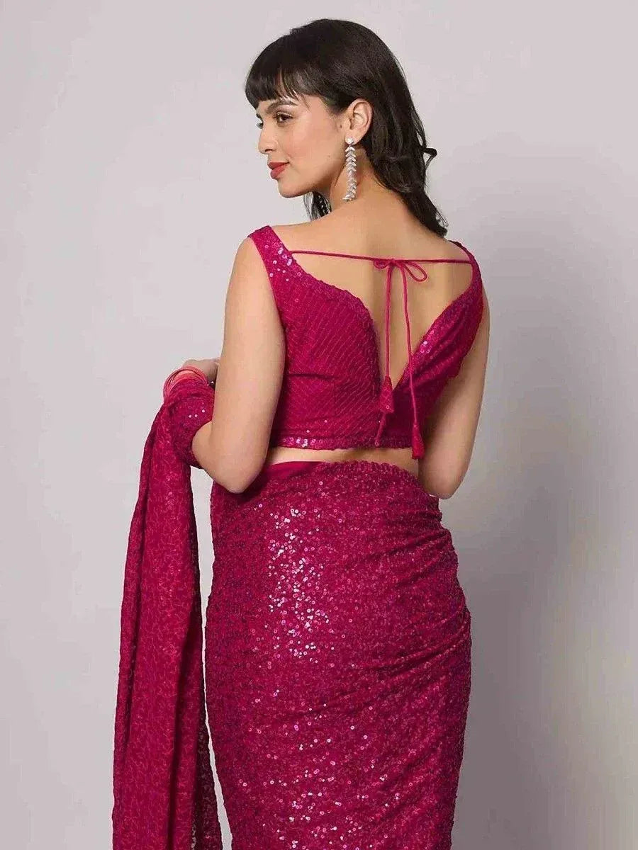 Sparkling magenta sequin saree with back-tie blouse, ethnic Indian wear for festive occasions