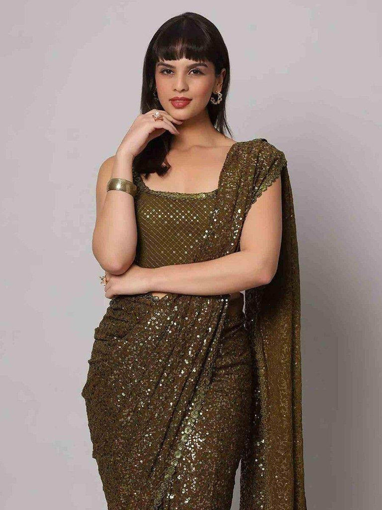 Fascinating Olive Green Sequins Georgette Party Wear Saree With Blouse