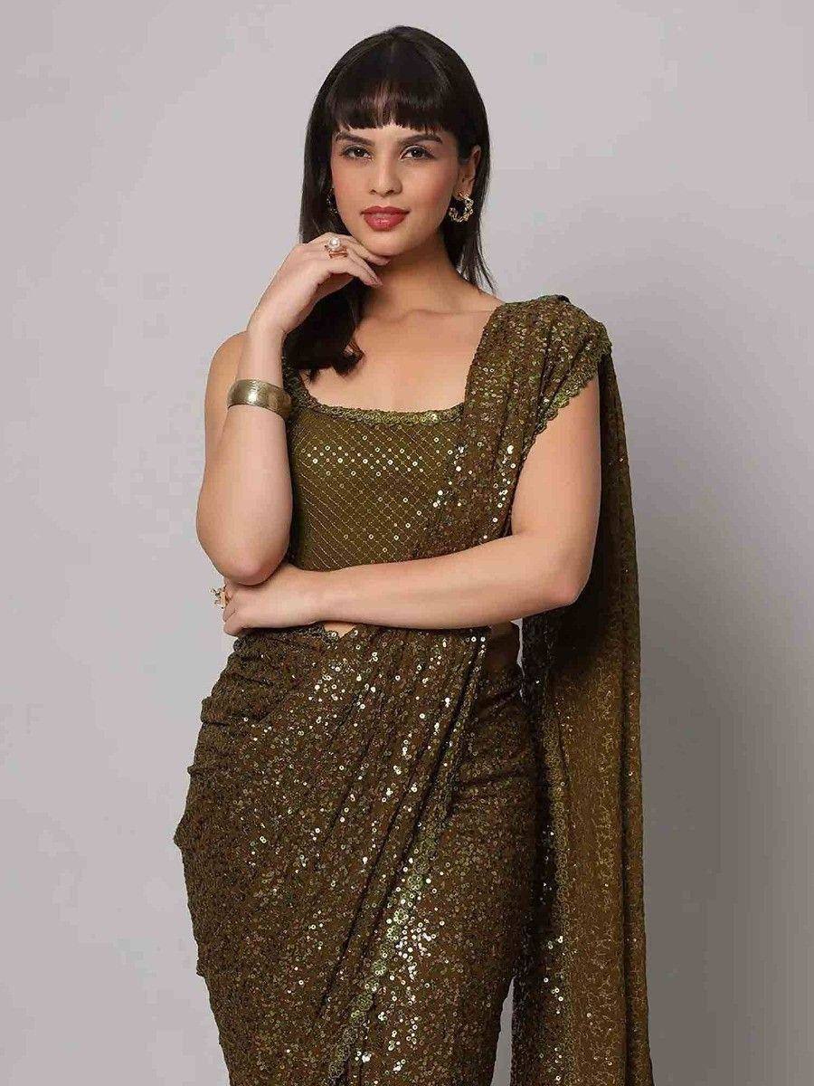 Fascinating Olive Green Sequins Georgette Party Wear Saree With Blouse