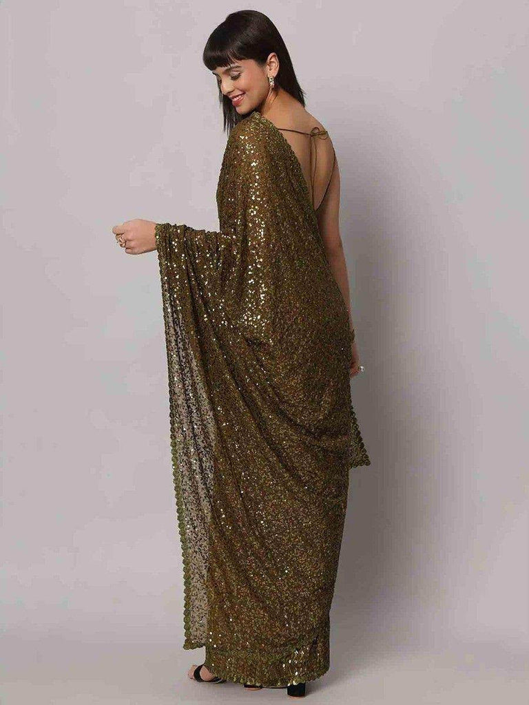 Fascinating Olive Green Sequins Georgette Party Wear Saree With Blouse