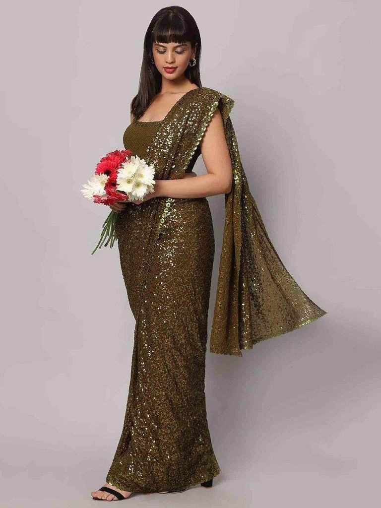 Fascinating Olive Green Sequins Georgette Party Wear Saree With Blouse