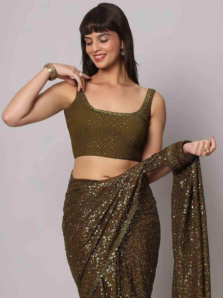 Fascinating Olive Green Sequins Georgette Party Wear Saree With Blouse