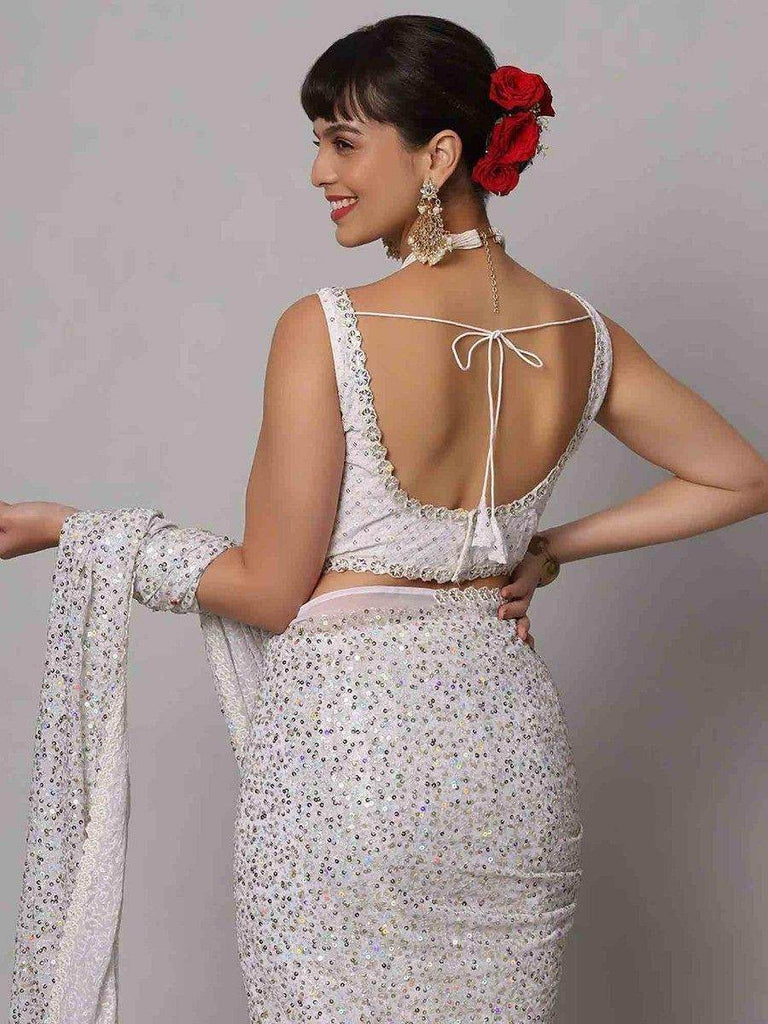 Beautiful White Sequins Georgette Party Wear Saree With Blouse