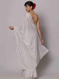 Beautiful White Sequins Georgette Party Wear Saree With Blouse