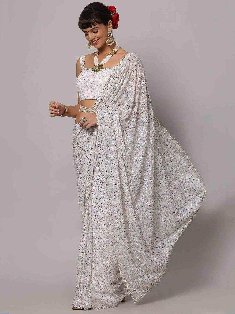 Beautiful White Sequins Georgette Party Wear Saree With Blouse