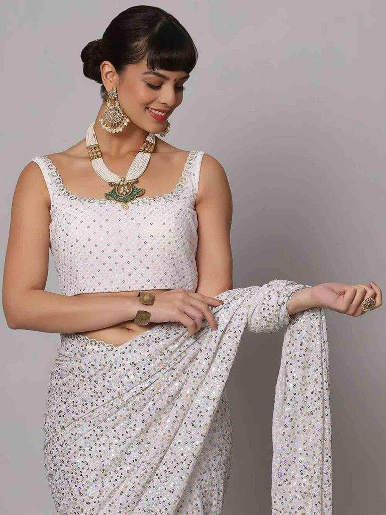 Beautiful White Sequins Georgette Party Wear Saree With Blouse