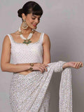 Beautiful White Sequins Georgette Party Wear Saree With Blouse