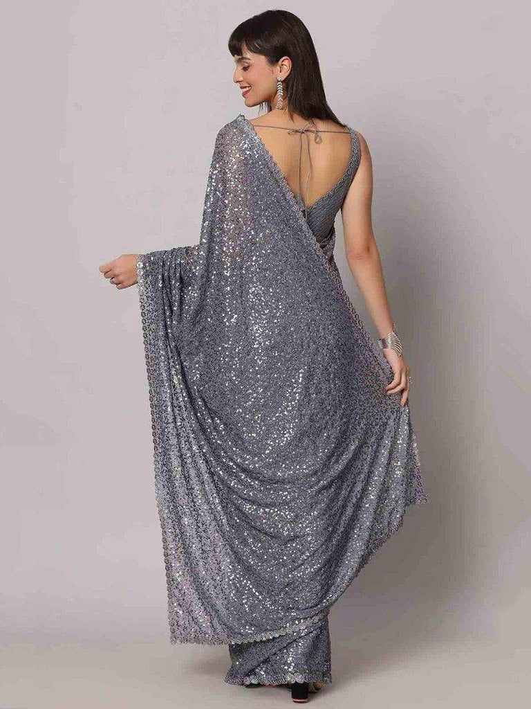 Attractive Grey Sequins Georgette Cocktail Party Wear Saree With Blouse
