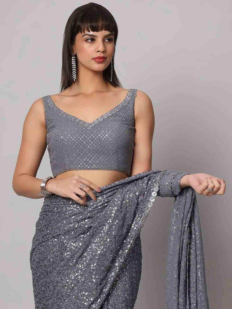 Attractive Grey Sequins Georgette Cocktail Party Wear Saree With Blouse