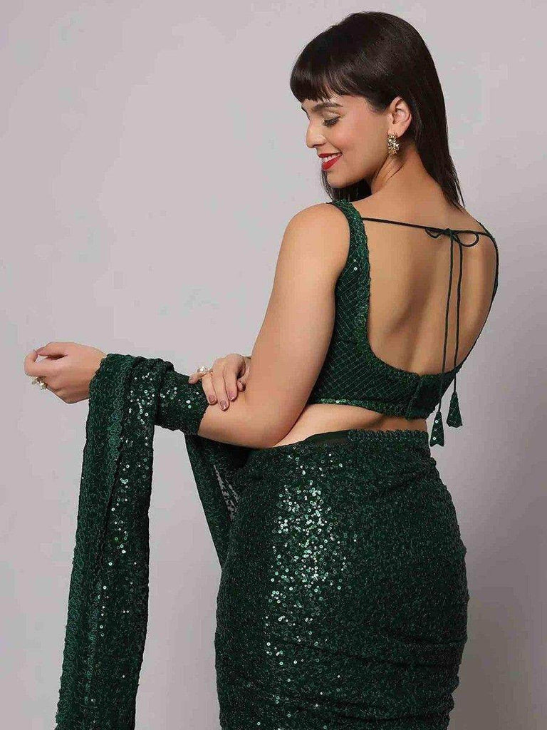 Glamorous Green Sequins Georgette Designer Saree With Blouse