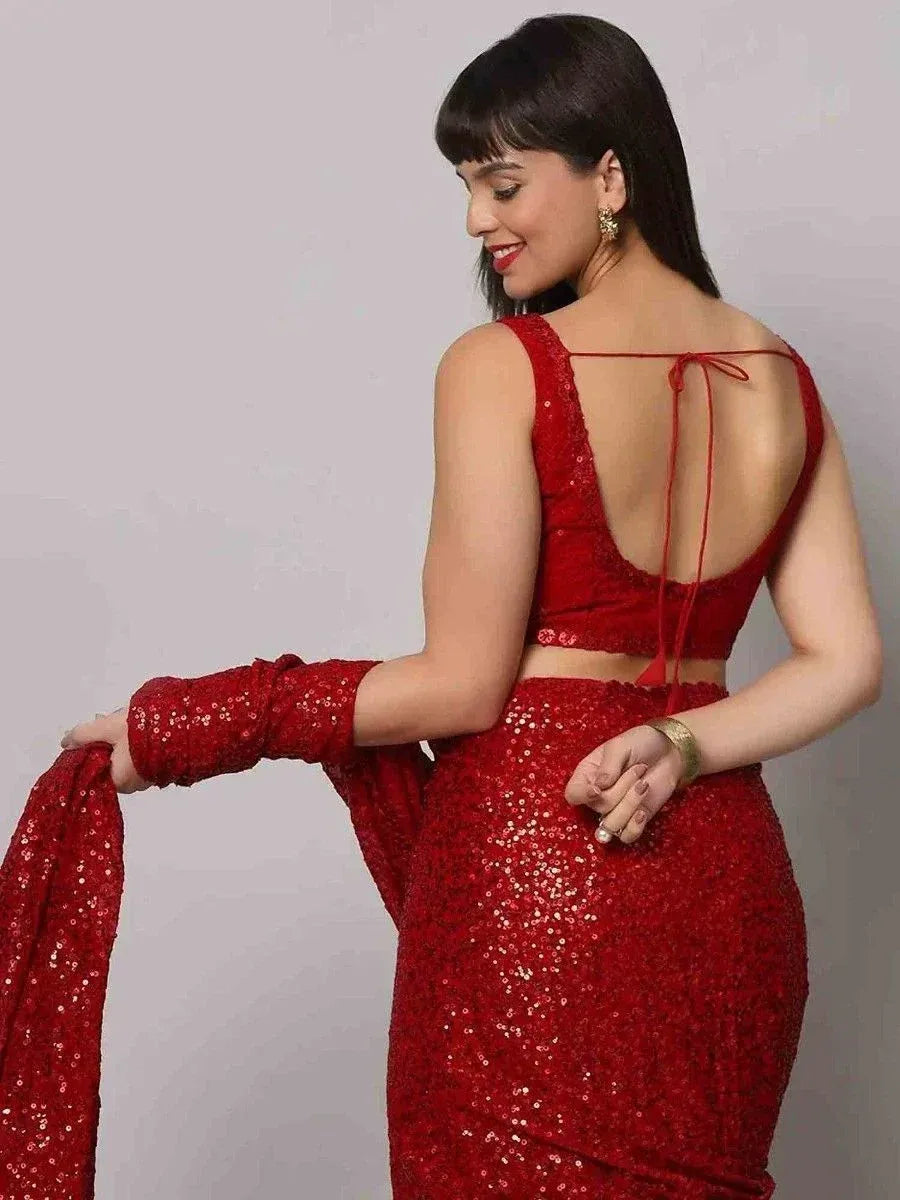 Red sequin saree with back-tie blouse, ethnic Indian wear for festive occasions