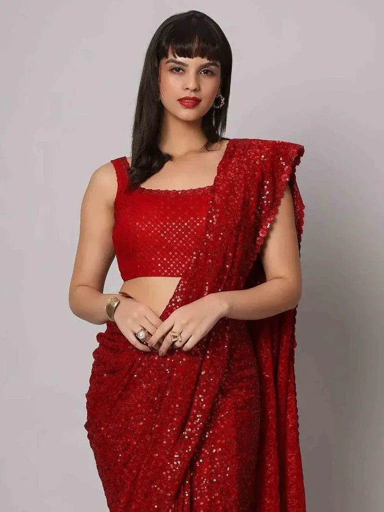 Tantalizing Red Sequins Georgette Cocktail Party Wear Saree With Blouse