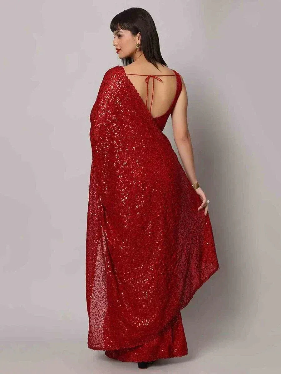 Red sequin saree with back tie detail, ethnic Indian wear for festive occasions
