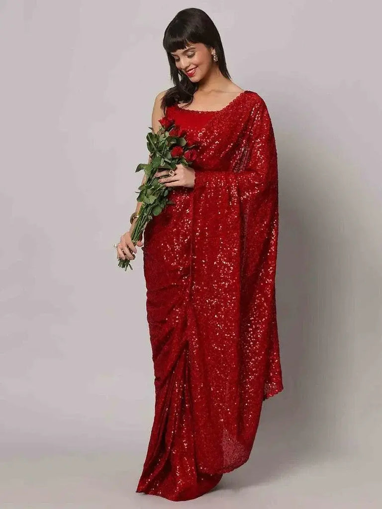 Tantalizing Red Sequins Georgette Cocktail Party Wear Saree With Blouse