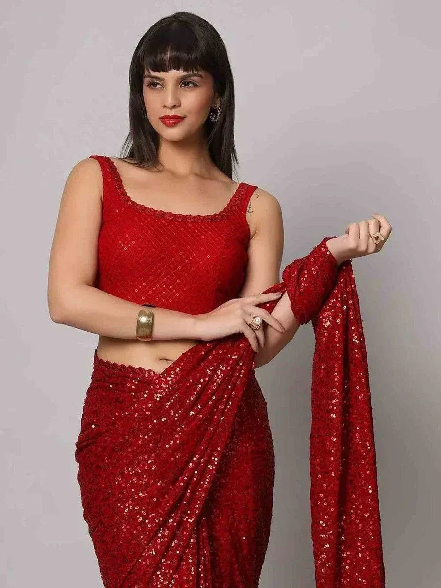 Red sequin saree with matching blouse, ethnic Indian wear for festive occasions