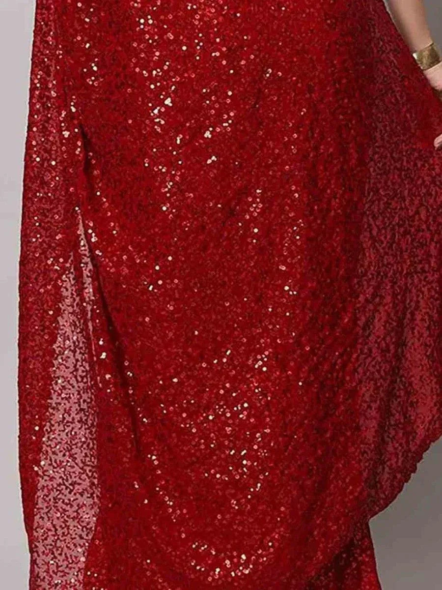 Red sequin ethnic gown with sheer sleeves, perfect for festive occasions and weddings