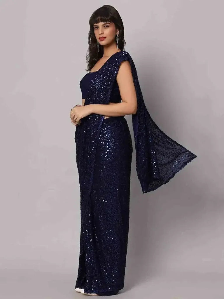 Stunning Navy Blue Sequins Georgette Designer Saree With Blouse