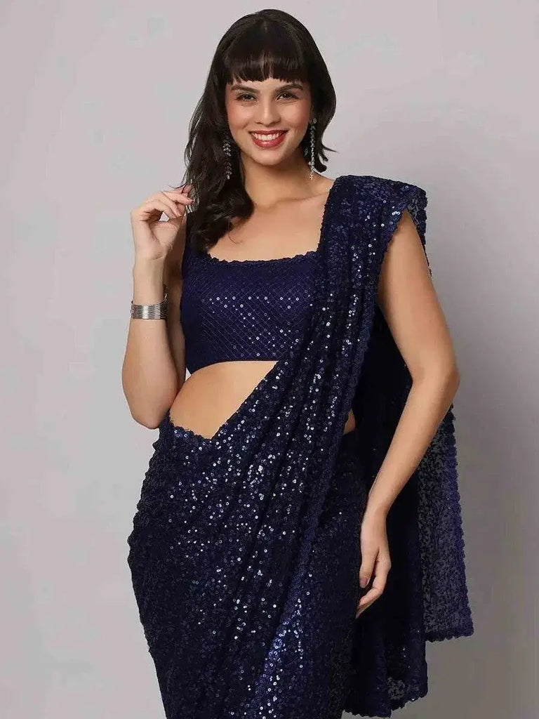 Stunning Navy Blue Sequins Georgette Designer Saree With Blouse