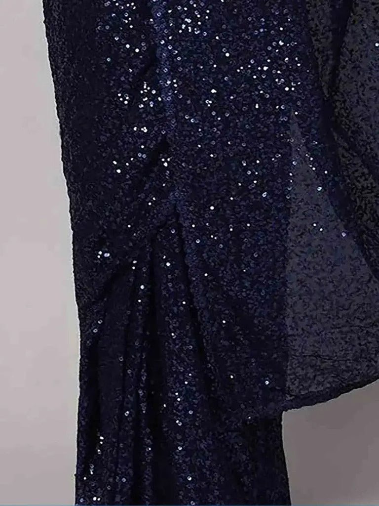Stunning Navy Blue Sequins Georgette Designer Saree With Blouse