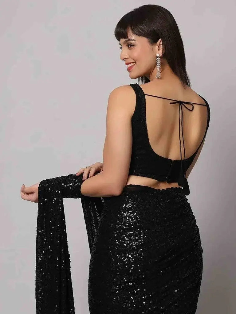 Charming Black Sequins Georgette Reception Wear Saree With Blouse