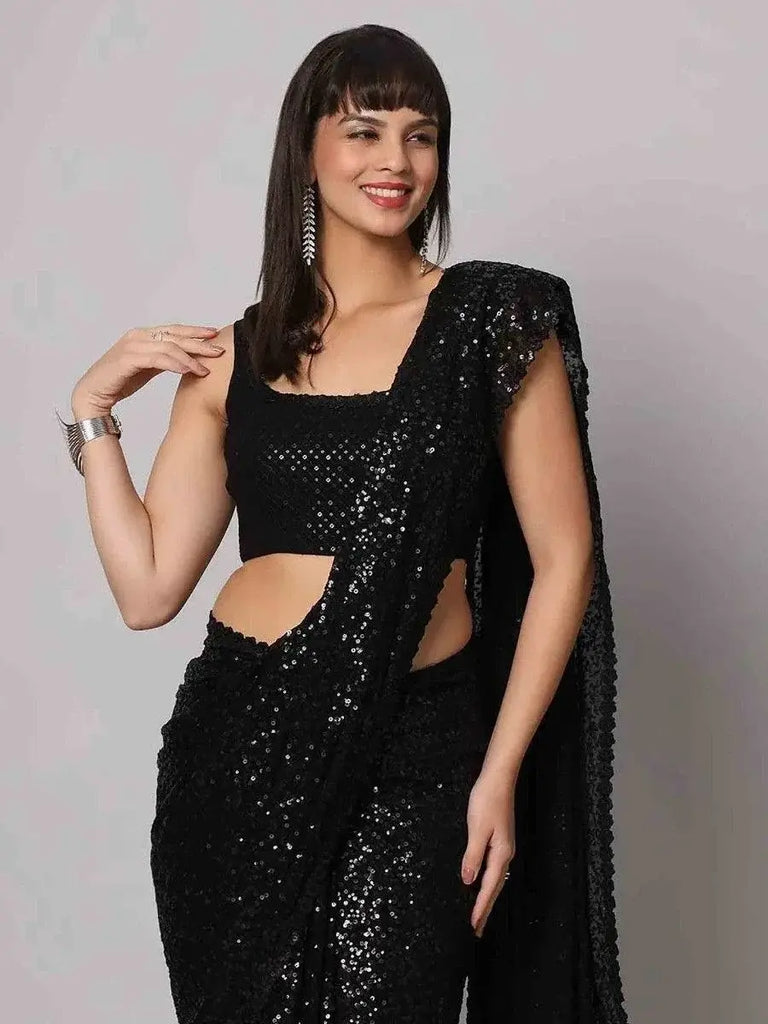 Charming Black Sequins Georgette Reception Wear Saree With Blouse